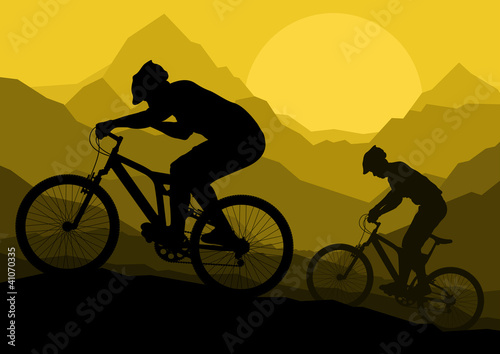 Vector: Mountain bike bicycle riders in wild mountain nature landscape v Mountain bike bicycle riders in wild mountain nature landscape v