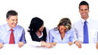 Video: Group of business people with banner. Group of business people with banner.
