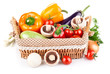 fresh vegetables with leaves in the basket isolated on white