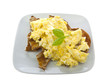Scrambled Eggs on toasted bagles with basil on white background Scrambled Eggs on toasted bagles with basil on white background