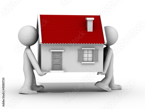 Illustration: 2 humains 3d transportent une maison 2 humains 3d transportent une maison