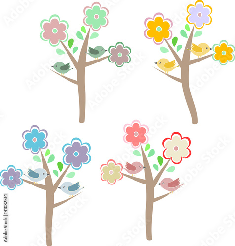 Vector: Birds sitting on trees. seasons - spring, summer, autumn, winter Birds sitting on trees. seasons - spring, summer, autumn, winter