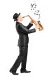 Male playing on saxophone and notes coming out