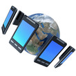 3d smartphones around the world isolated on white