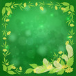 Leaves, flowers and feathers on green