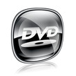 DVD icon button black glass, isolated on white background.