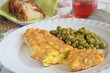 Cheese omelette with green peas, bread and wine Cheese omelette with green peas, bread and wine