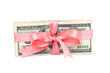 a bundle of US dollars with pink ribbon bow
