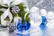 Blue christmas balls and silver candle Blue christmas balls and silver candle