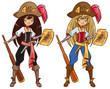 Cartoon pirate girl with treasure map and telescope
