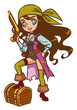 Chibi Cartoon pirate girl with powder gun and treasure chest