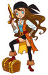 Cartoon pirate girl with powder gun and treasure chest