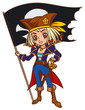 Chibi cartoon captain pirate girl with Jolly Roger flag