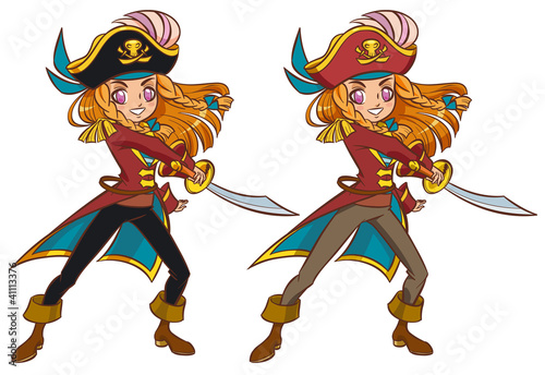 Vector: Cartoon pirate girl swaying the sword ready to attack Cartoon pirate girl swaying the sword ready to attack