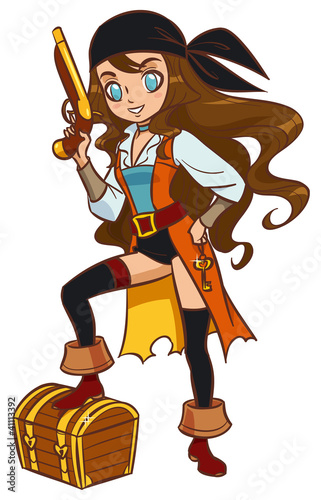 Vector: Cartoon pirate girl with powder gun and treasure chest Cartoon pirate girl with powder gun and treasure chest
