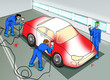 Cartoon illustration of an automobile paint shop