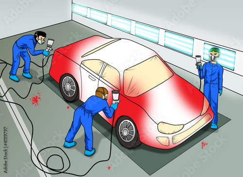 Illustration: Cartoon illustration of an automobile paint shop Cartoon illustration of an automobile paint shop