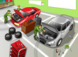 Cartoon illustration of automobile repair shop