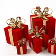 fünf rote Geschenke mit goldenem Band