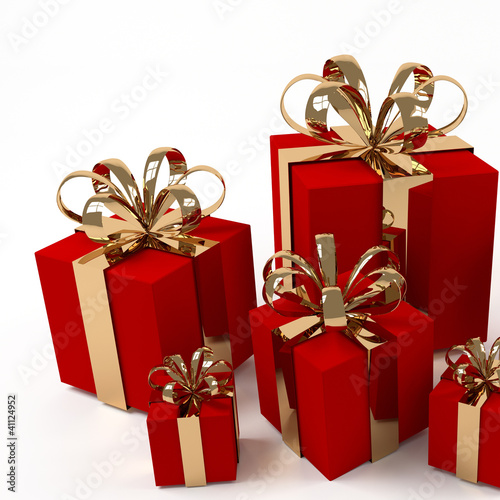 Illustration: fünf rote Geschenke mit goldenem Band fünf rote Geschenke mit goldenem Band