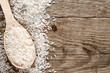 Raw white rice in spoon on wooden background