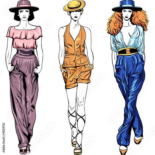 Vector: Vector set fashion top models in trouser suits and hats Vector set fashion top models in trouser suits and hats