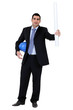 businessman holding a helmet and a blueprint businessman holding a helmet and a blueprint