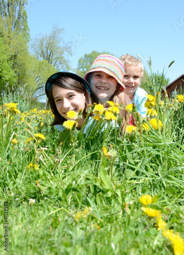 Foto: Kinder liegen in der Blumenwiese Kinder liegen in der Blumenwiese