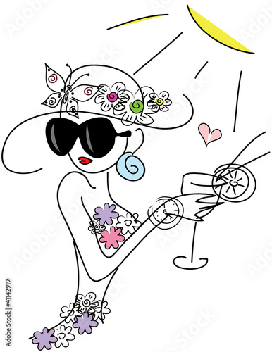 Vektor: Cute fashionable doodle girl with cocktail Cute fashionable doodle girl with cocktail