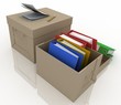 office folders in cardboard box on white background