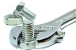 An adjustable wrench with nut and bolt on a white background