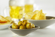olives and chips appetizer with cold and fresh beer
