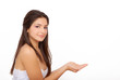 woman with empty cupped hand to put product in