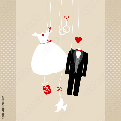 Vektor: Hanging Wedding Symbols Beige Background Dots Border Hanging Wedding Symbols Beige Background Dots Border
