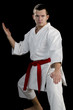 Contrast karate young fighter on black