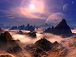 Futuristic Aircraft over Landscape on Distant World