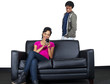 distrusting couple snooping on cell phone text messages