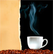 Background with cup of coffee and old ripped paper.