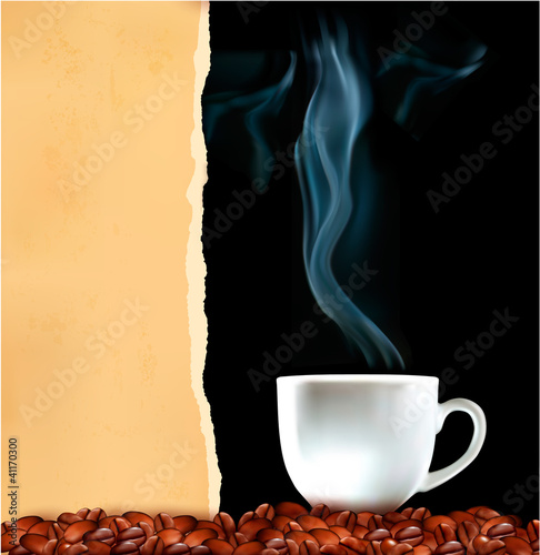 Vektor: Background with cup of coffee and old ripped paper. Background with cup of coffee and old ripped paper.