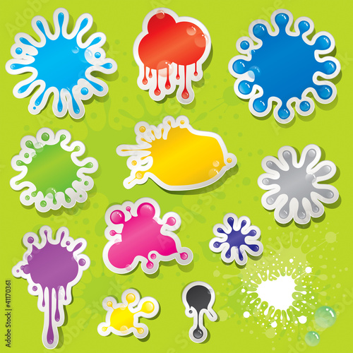 Vector: Set of colors splashes stickers with water drops. Set of colors splashes stickers with water drops.