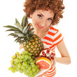 Fun woman with juicy fruits on the white background Fun woman with juicy fruits on the white background