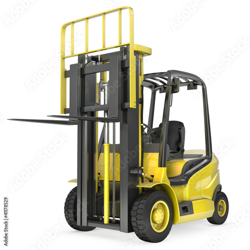 Illustration: Yellow fork lift truck with raised fork, front view Yellow fork lift truck with raised fork, front view