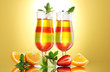 fruit jelly in glasses and fruits on yellow background fruit jelly in glasses and fruits on yellow background