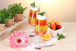 fruit jelly in glasses and fruits on table in cafe fruit jelly in glasses and fruits on table in cafe