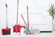 Collection of cleaning products and tools in living room