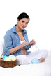 pregnant woman knitting