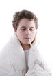 blond child sick with fever, with digital thermometer