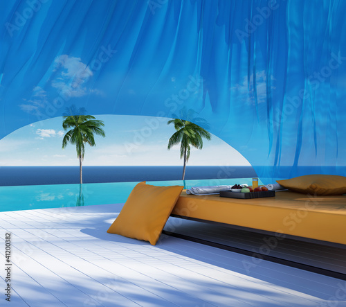 Illustration: Luxury gazebo, lounge sofa bed, pool suumer holiday Luxury gazebo, lounge sofa bed, pool suumer holiday