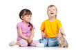 Cute children playing with kittens. Isolated on white background