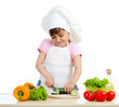 Chef girl preparing healthy food over white background